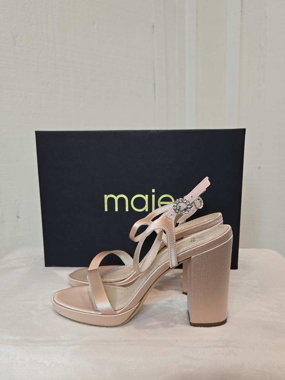 Maje Rose Blush Satin Block Heel Sandals with Crystal Buckle Sz 36
